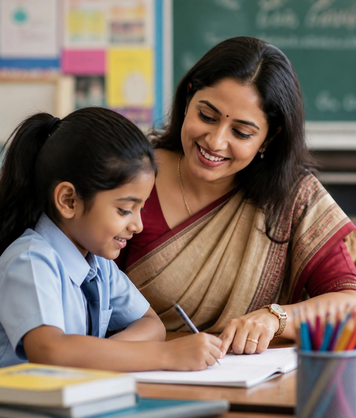 Teacher guiding a young student