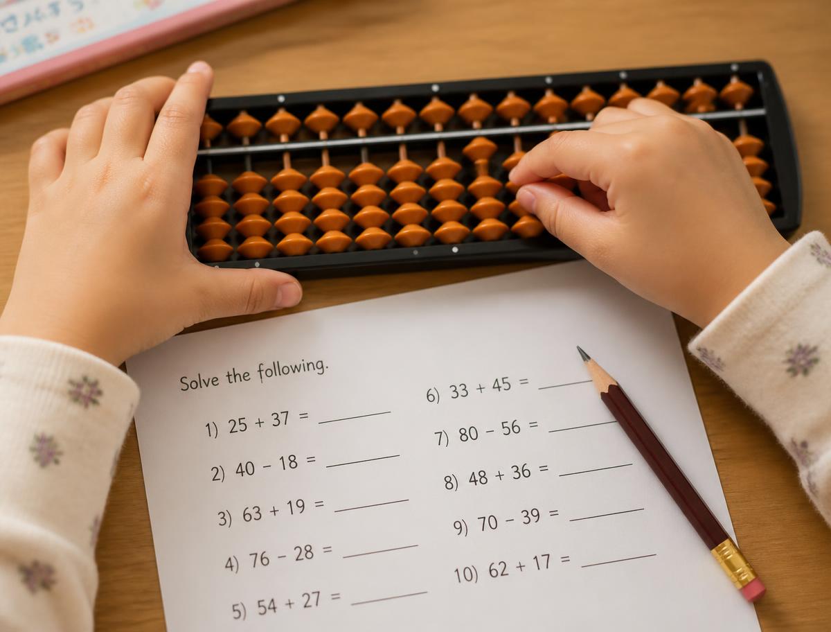 Child working with an abacus and worksheet